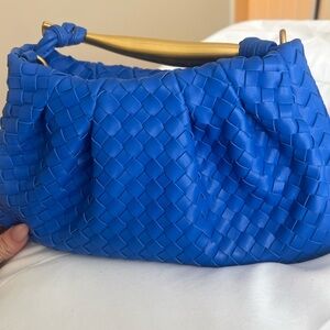 Blue Woven Handbag with Gold Handle